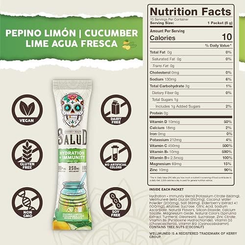 Salud 2-in-1 Hydration Packets + Immunity Electrolytes Powder, Cucumber Lime - Agua Fresca Drink Mix, Elderberry, Dairy & Soy Free, Non-GMO, Gluten Free, Vegan, Low Calorie, 1g Sugar (15 Servings) thumbnail 3
