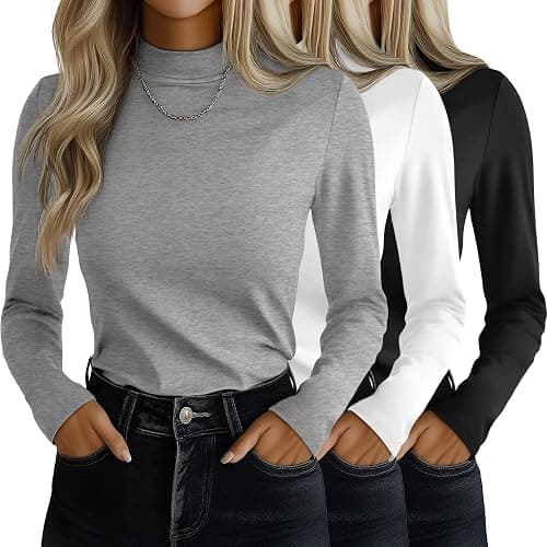 Ficerd 3 Pack Women's Mock Turtleneck Tops Long Sleeve | Mock Neck Shirts, Ladies' Casual Basic Tees, Stretch Undershirts, Soft Business Outfits, Fall Winter Clothes 2026 Trendy - Image 1