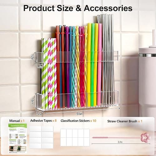 Rycid 9.5” Large Acrylic Straw Holder for Cabinet Door, Reusable Adjustable Two-Part Straws Organizer with Ultra Sticky Adhesive Strips, 2026 Straw Storage for Kitchen Cupboard thumbnail 8