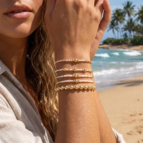 SHINUS BOHO 14K Gold Plated Pearl Beaded Cross Bracelets Stack Set for Women,Stretch Boho Colorful Christian Beads Ball Jewelry Friendship Summer Trendy Gift thumbnail 2
