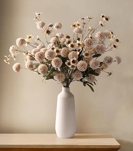 HyeFlora Fake Kiku Flowers, Faux Silk Pompon Mums Artificial Flowers, Chrysanthemum Stems Floral Arrangement Dried Flowers Vintage Decorative Indoor Home Decor Beige with Wax (Vase not Included) thumbnail 8