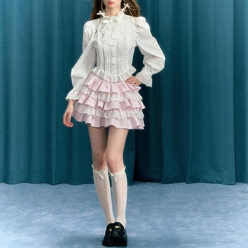 Lolita Kawaii Skirt Women Teen Girl Sweet Cute Ruffle Layered Mini Skirt Y2K High Waist Lace Cake Skirts thumbnail 3