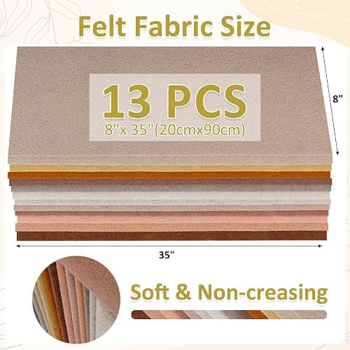 XSEINO 13 Rolls 8"x35" 1.4mm Thick Soft Felt Fabric Sheet 13 Assorted Light Brown Series Colors Felt Pack for DIY Craft Sewing Squares Nonwoven Patchwork thumbnail 3