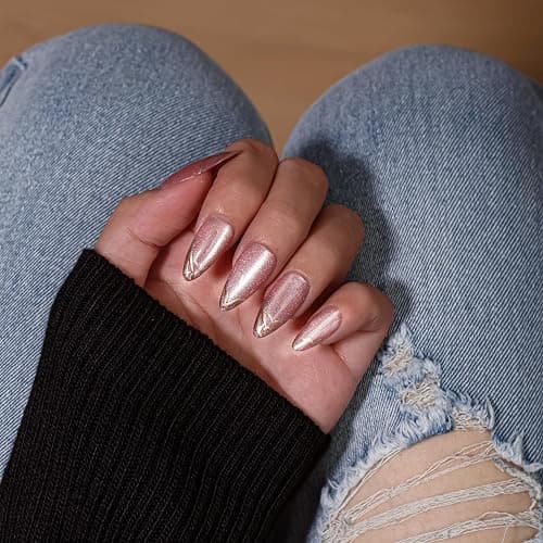 KQueenest Glitter Pink French Tip Press On Nails Almond, 30 Pcs Cat Eye Press On Nails with Gold Swirls, Bling Sparkly Fake Nails With Glue, Luxury Reusable Stick on Nail for Women Gift thumbnail 3