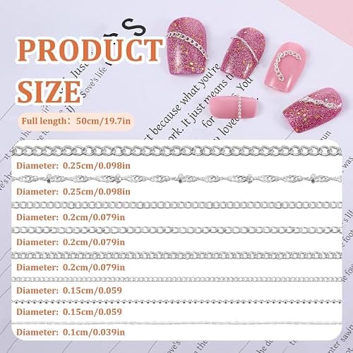 HJZHII 8 Streifen Nagelkettchen, 3D-Nagelspitze Kunst Charms Schmuck Ornamente Maniküre-Dekorationen aus Metall für DIY Herstellung Punk Nägel Glitter Design(Silber) thumbnail 4