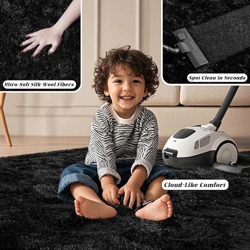 Black Rugs for Bedroom 4x5.9 ft - Ultra Soft Faux Fur Area Rug - Plush Non-Slip Shaggy Carpet for Living Room, Cozy Fluffy Rug for Kids Boys Girls Dorm Nursery Room, High Pile Floor Carpet thumbnail 3