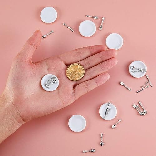 12 Pieces 1:12 Scale Miniature Plates and 12 Pieces Knives Forks Spoons Metal Tableware Dollhouse Miniatures Porcelain Plate Set Dollhouse Kitchen Decoration Accessories (Pack of 2) thumbnail 2
