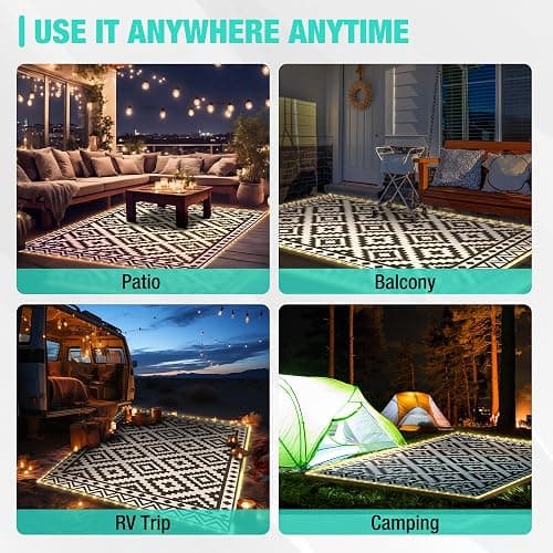 HAUSHOF 5'X8' Outdoor Rug Waterproof with LED Strip Light, Reversible Outdoor Plastic Straw Rug, Patio Rug with 4 Rug Stakes, Outdoor Carpet Mat for RV, Camping, Beach, Porch, Balcony, Black&White thumbnail 7