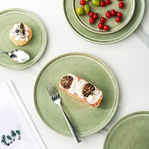 AmorArc Ceramic Dinnerware Set for 6, 18 Pieces Handmade Reactive Glaze Stoneware Plates and Bowls, Scratch Resistanct | Dishwasher & Microwave Safe Stackable Dishes Set - Oliver Green - Service for 6 thumbnail 4