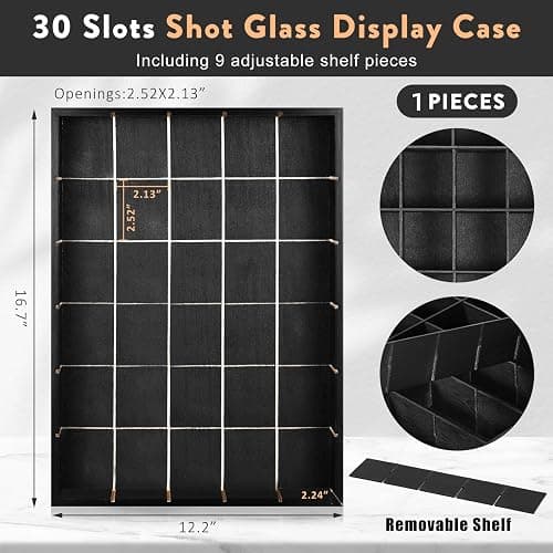 DARCKLE Shot Glass Display Case for Wall, Wood Holds Set of 30 Glasses Shot Glass Holder Display Shelf, 17'' x 12''-3'' x 2'' (Black, 1PCS) thumbnail 3