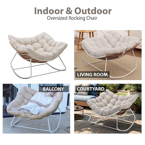 ZJEYEJZ Outdoor Rocking Chair, Oversized Rattan Papasan Rocking Chair, Patio Wicker Egg Chair with Padded Cushion, Rocker Egg Chair for Living Room, Patio, Front Porch, Backyard thumbnail 8