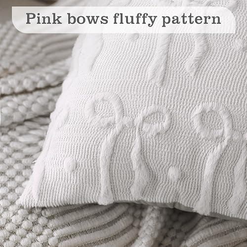 Mixweer Cream White Bow Throw Pillow Covers 18x18 Set of 2 Coquette Decorative Pillow Covers Soft Plush Faux Wool Aesthetic Pillowcases Preppy Room Decor for Bed Sofa Couch Living Room thumbnail 3
