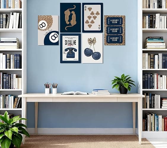 6Pcs Navy Blue Trendy Leopard Canvas Wall Art Fashion Lucky 8 Ball Painting pictures Preppy Y2K Aesthetics Wall Decor Trend Cheetah Prints Artwork for College Dorm Home Decoration 8x10in Framed thumbnail 4