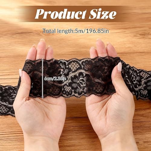 Black Lace Fabric, 2.4 Inch 2.4 Inch 5.5 Yards Black Lace Trim Sewing Trim & Embellishments Elastic Vintage Fabric Applique Ribbon Vintage Wide Tulle for Sewing,Crafting,Wedding,Gift Wrapping thumbnail 3
