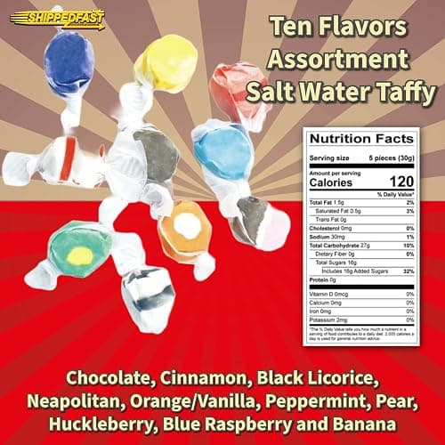 Ten Flavors Assortment, Salt Water Taffy 1 Pound Bag. Classic Boardwalk Style Taffy. (Net Wt. 16oz) thumbnail 2
