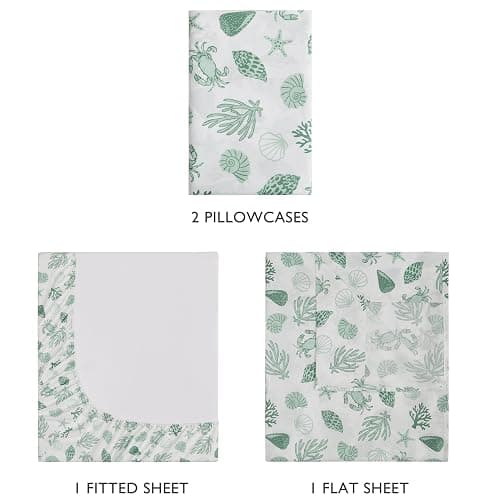Caribbean Joe Queen Coastal Print Microfiber Sheet Set, Beachy Cove | Soft, comfortable 100% polyester microfiber 4-piece set with 12" deep pockets and a coastal seashell pattern thumbnail 4