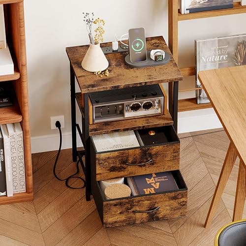 Fixwal Night Stand with Charging Station, 2 Fabric Drawers, Rustic Brown | built-in bedside charger, 2 AC outlets & 2 usb ports, 2 wooden shelves, end table with storage, bedroom, living room thumbnail 8