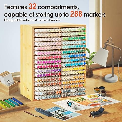 TIKSPCAE Marker Organizer for 288 Markers,Bamboo Wooden Desk Storage Organizer Rack,Markers Pens Pencils Art Brushes Storage Holder for Home Classroom Office Decor thumbnail 3
