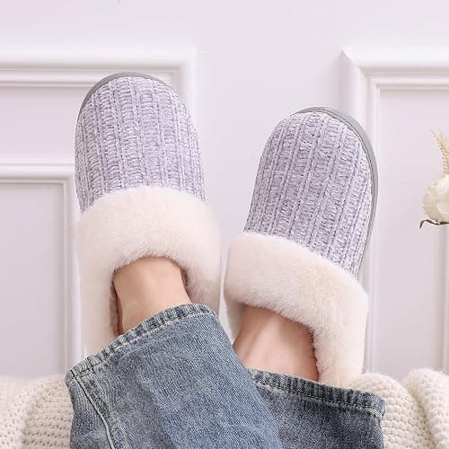 Evshine Warm Knit House Slippers for Women Comfy Wool-Like Lined Chenille Slippers with Memory Foam and Indoor Outdoor Soles thumbnail 2