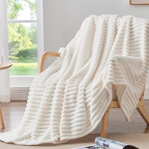 BEDELITE Fluffy Fleece Blanket Cosy Soft Throw, 127x152 cm, Cream White | Striped Design, Decorative for Sofa Bed Couch, Warm Gifts for Women and Girls thumbnail 8