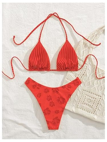 MakeMeChic Women's Polka Dots Triangle Thong Bikini Sets Floral Cute Bathing Suit Swimsuits thumbnail 4