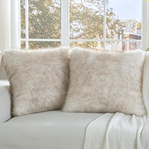 FUTEI Pack of 2 Faux Fox Fur Throw Pillow Covers 18x18 Inch Soft Fluffy Decorative Cushion Case Modern Farmhouse Accent for Couch Bed Living Room, Coffee White - Image 1