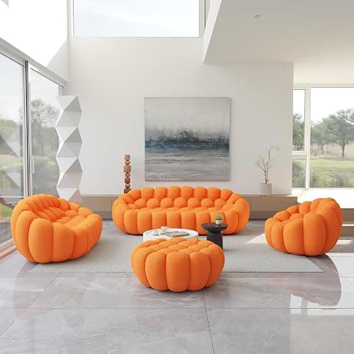 JACH Bubble Sofa Curved Couch Set, Comfy Upholstered Sofa, Mesh Fabric 3D Honeycomb Shape Modern Couches for Living Room, Apartment (Orange, 1 Seater, 2 Seater, 3 Seater, Ottoman) - 1+2+3 Seater & Ottoman - Orange thumbnail 3