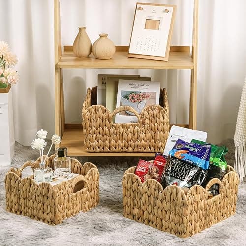 GVKGVK 3 Pack Scalloped Edge Basket Hand Woven Wicker Storage Baskets Rattan Baskets with Handles for Organizing and Storage thumbnail 2