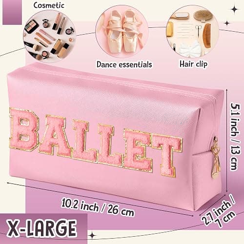 Y1tvei Ballet Cosmetic Bag for Girls - Preppy Patch BALLET Pink Chenille Letter Makeup Bag PU Leather Waterproof Portable Ballerina Makeup Pouch Dance Recital Travel Toiletry for Girl Dancer(Pink) thumbnail 2