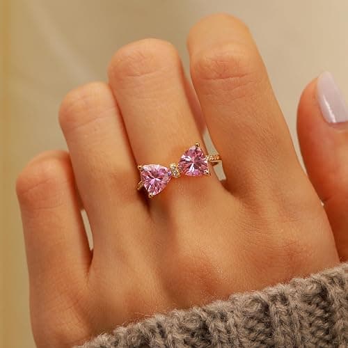 AIBELOPY Pink Bow Rings for Women 925 Sterling Silver 14K Gold Plated Cute Dainty Cubic Zirconia Promise Rings for Her Open Adjustable Stackable Rings Jewelry Birthday Mothers Day Gifts for Her thumbnail 2