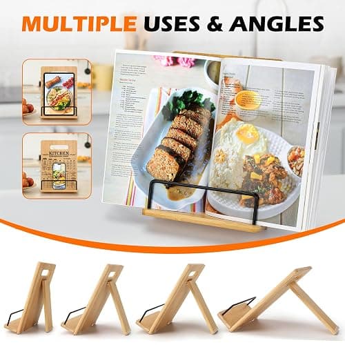 Bamboo Cookbook Stand for Kitchen Counter, Adjustable Recipe Book Holder | Cookbook Holder with Measurement Conversion Chart, Essential Accessories Women Gift for Birthday Christmas Cooking Lover thumbnail 6