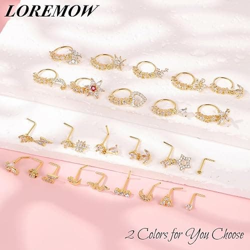 LOREMOW 25Pcs 20G Gold Dangle Nose Ring for Women Men Surgical Steel L Shaped Nose Stud CZ Flower Teardrop Dangling Nose Rings Moon Star Nose Rings Hoop Hypoallergenic Cross Heart Butterfly Dangle Nose Piercing Jewelry thumbnail 4