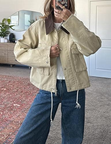 Megfie Womens Cropped Jacket Contrast Collar Utility Coat Cargo Jacket Barn Jacket Outwear with Pockets - Image 1