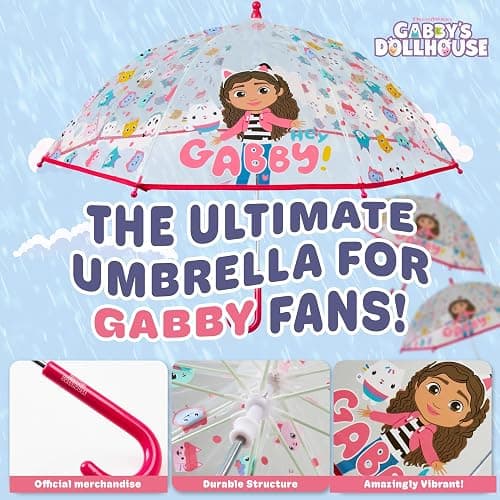 Gabby's Dollhouse Stick Umbrella for Girls, Clear Dome Lightweight Kids Umbrella Travel Accessories - Girls Gifts thumbnail 3