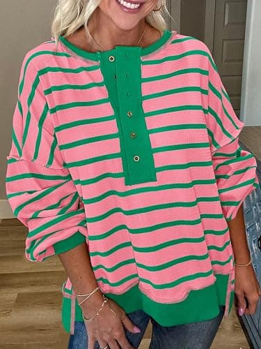 PRETTYGARDEN Womens Fall 2025 Striped Oversized Sweatshirt Long Sleeve Button Up Henley Neck Waffle Knit Pullover Tunic Tops thumbnail 4