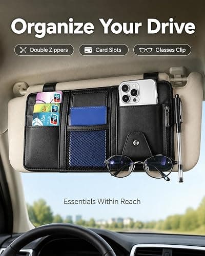 All‑in‑one Sun Visor Organizer Double Zippers Elastic Bands & Glasses Clip | Daily Driving for Cards, Money, Tickets, Leather Interior Accessories, Car Truck Suv Storage Pouch Holder(Black) thumbnail 2