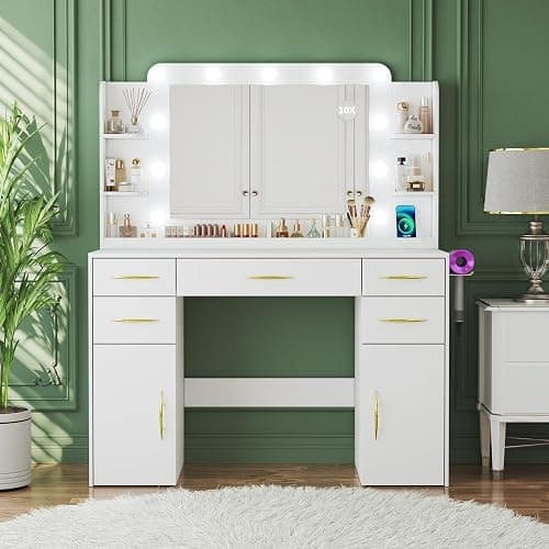 ALEXNUTRE 45.5" Vanity Desk with Mirror and Lights, Makeup Vanity with Lights 3 Models Settings & Power Outlet, Vanity Desk with 5 Drawers, 2 Cabinets, Shelves, Makeup Vanity for Bedroom, White thumbnail 7