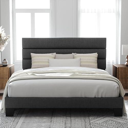 Allewie King Size Platform Bed Frame with Fabric Upholstered Headboard Gray | Wooden Slats Support, Fully Upholstered Mattress Foundation, No Box Spring Needed, Easy Assembly, Noise-Free, Dark Grey - Image 1