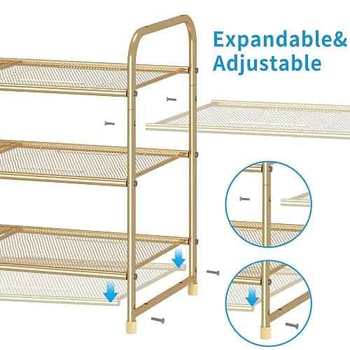 Simple Trending 3-Tier Stackable Shoe Rack, Expandable & Adjustable Shoe Shelf Storage Organizer, Metal Mesh, Gold thumbnail 4