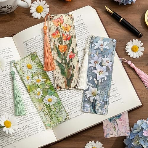 Zaamwoyy 4 Pcs Stained Glass Art Bookmarks for Reading Women, Flower Transparent PVC Bookmark with Tassels, Cute Book Accessories, Unique Book Marks for Bookish, Birthday Christmas Gift thumbnail 6