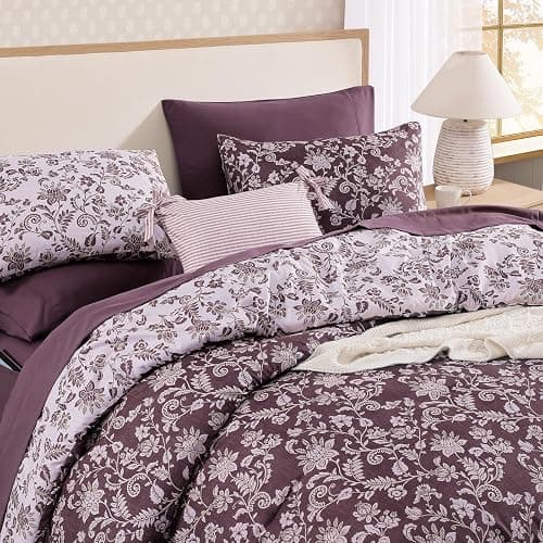 BLOOMHAVEN Queen Comforter Set -7 Pieces Floral Dark Purple Comforter Set for All Seasons, Bed in a Bag Queen with Botanical Flowers Comforter, Sheets, Pillowcases & Shams thumbnail 7