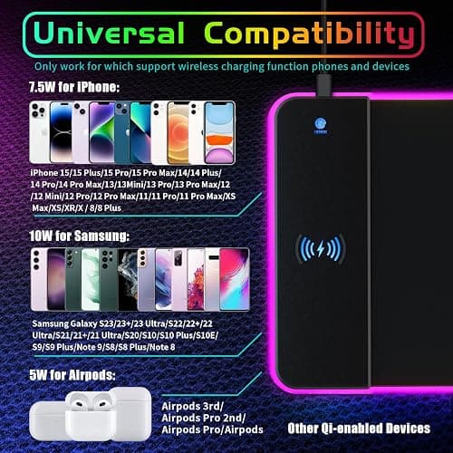 RGB Gaming Mouse Pad With 15W Wireless Charging, Extra Large LED Mousepad, 14 Light Modes, XXL Size, Ergonomic Computer Pad, Non-Slip Rubber Base for Laptop, Gifts for Gamer/Men thumbnail 3