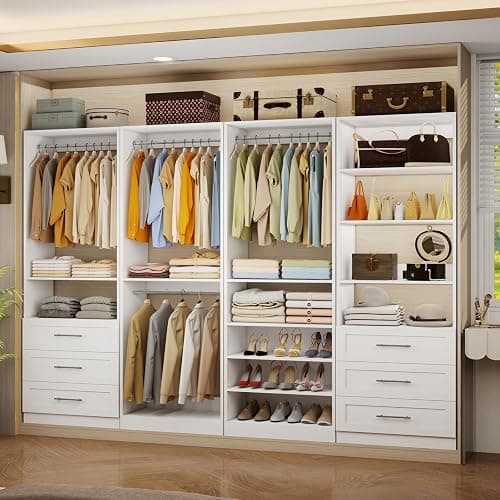 Secilix 8FT Modular Closet System with 6 Drawers, Walk-in Closet Organizer System with 8 Expandable Hanging Rods & Adjustable Shelving Towers, Heavy Duty Wood Closet Storage for Bedroom, White(4 sets) - Image 1