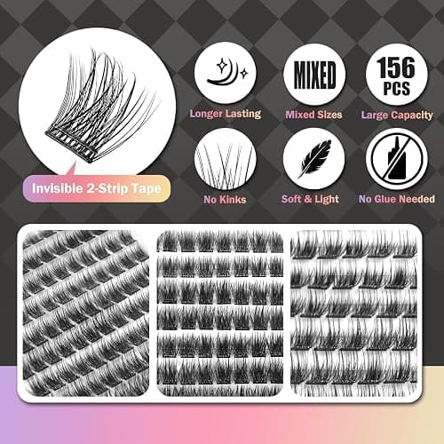 WONSIS Self Adhesive Eyelashes, 156 Pcs Self Adhesive Eyelash Clusters, No Glue Needed, Invisible 2-Strip Tape - Longer Lasting, No Sticky Residue Pre Glued Eyelashes (Volume-Mixed) thumbnail 4