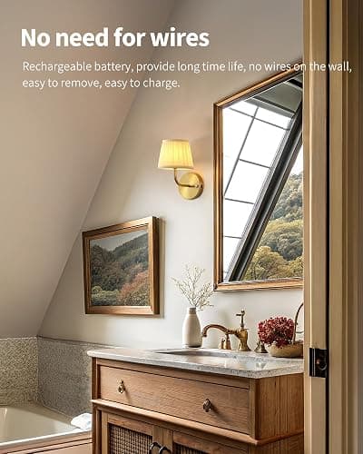 PUSU LED Cordless Gold H9.6 inch Small Wall Sconces Set of 2, Rechargeable 5200mAh Battery Operated Fabric Wall Lamp with Remote, Lighting for Living Room, Bedroom, Hallway, Bathroom, Stairs, Kitchen thumbnail 3