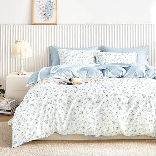 Wake In Cloud - Floral Comforter Set, Coquette Cottagecore Aesthetic Flower Shabby Chic Pattern for Women Teen Girls, Soft Lightweight Bedding, 3 Pieces, White Blue, Queen Size thumbnail 2