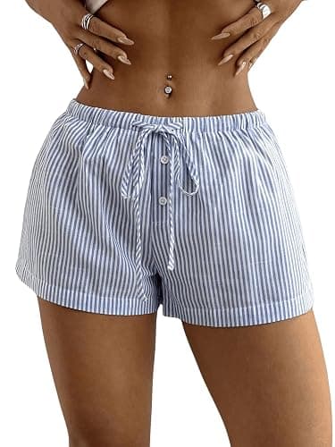 SHENHE Women's Striped Low Rise Shorts Drawstring Tie Button Front Summer Casual Mini Shorts - Image 1