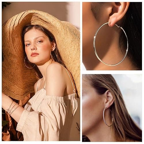 PABBEU Silver Hoop Earrings Large 316L Stainless Steel Earrings Lightweight Silver Earrings Hypoallergenic Big Thin Silver Earrings for Women s Boucle Doreille Femme 25/30/40/50/60/70mm thumbnail 4