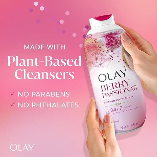 Olay Body Wash for Women, 24/7 Skin-Loving Freshness, Miami Mocktails, Plant Based Cleansers, Vitamin B3 & Antioxidant Blend, All Skin Types, Berry Passionate with Passionfruit & Guava Scent, 22 fl oz thumbnail 5