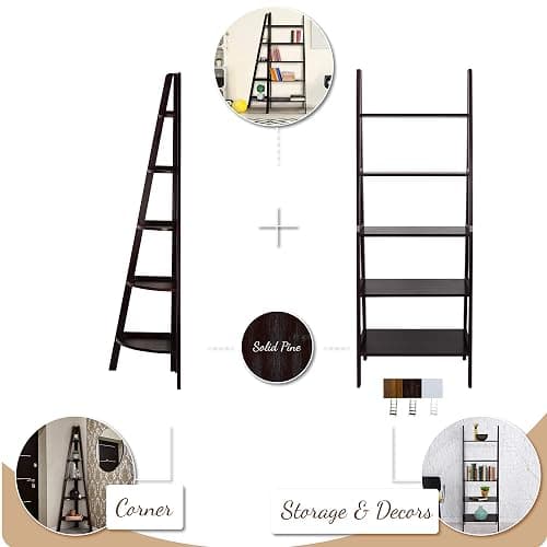 Casual Home 100% Solid Wood 5-Shelf Ladder Bookcase, 24.75"W x 16"D x 72"H, White, 5-Tier Freestanding Ladder Shelf thumbnail 4